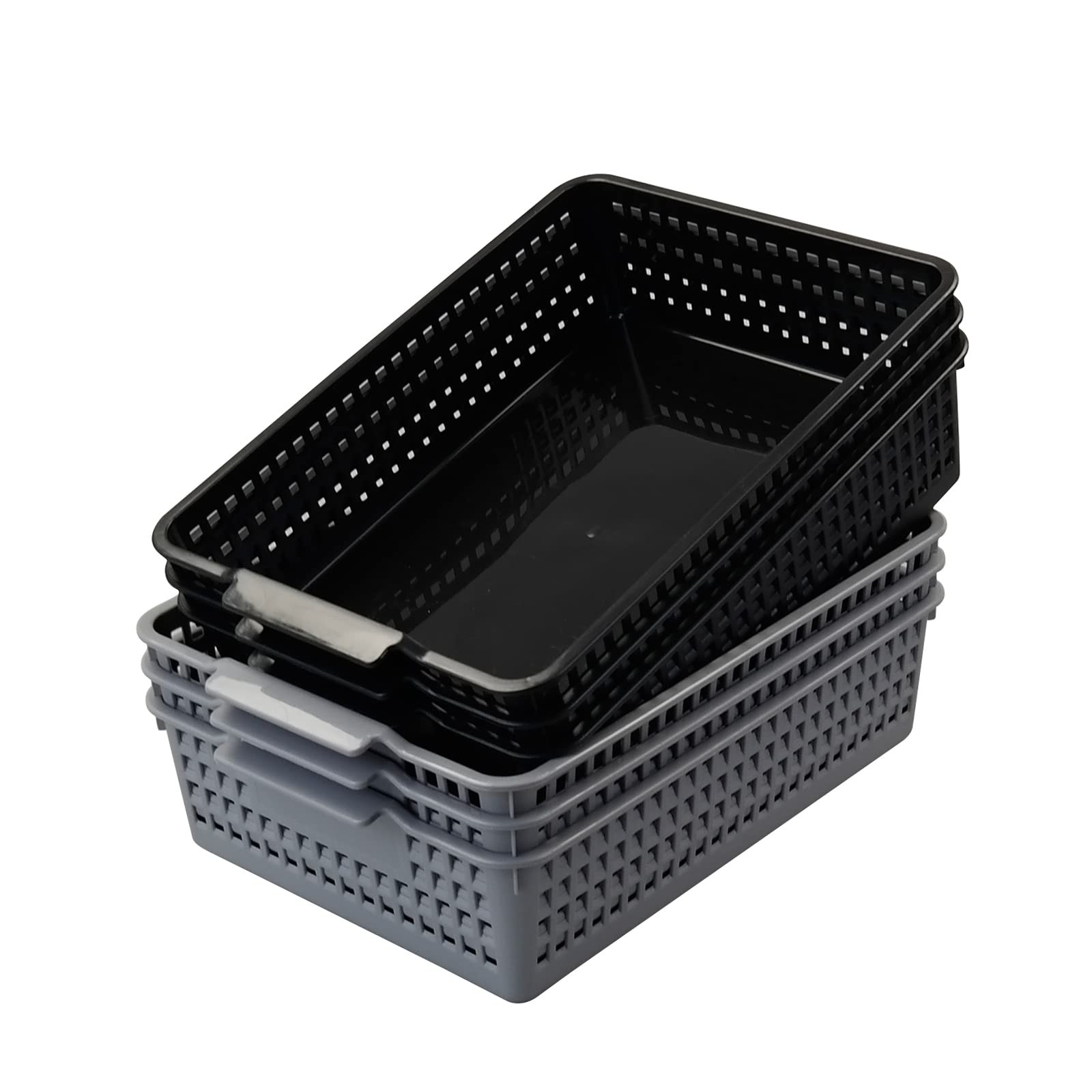 6 PCS Plastic Flat Storage Basket Tray 3 Black 3 Gray Office Kitchen Document