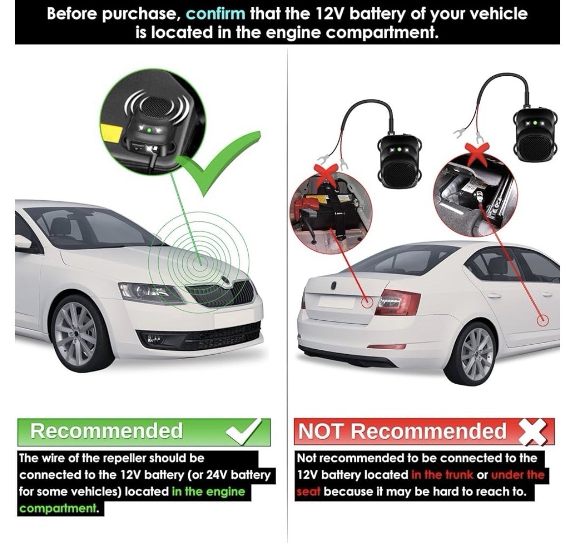 Ultrasonic Car Engine Rodent Repeller Plug-In Electric LED Flashlight 2 Pack