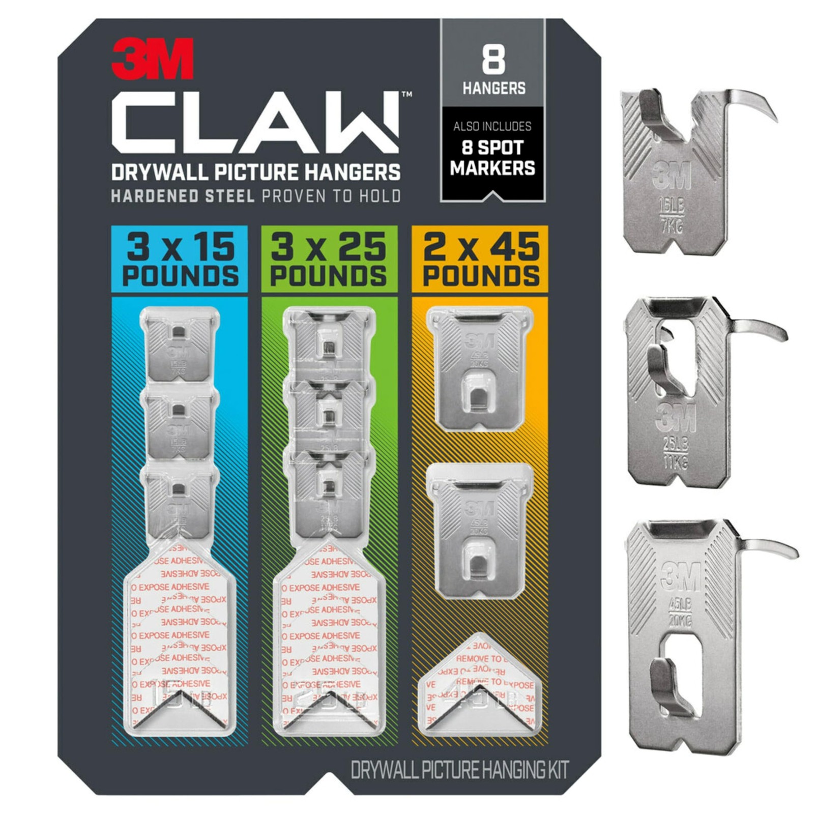 15, 25 and 45 lb. Drywall Picture Hanger Variety Pack With Spot Markers, Heav...