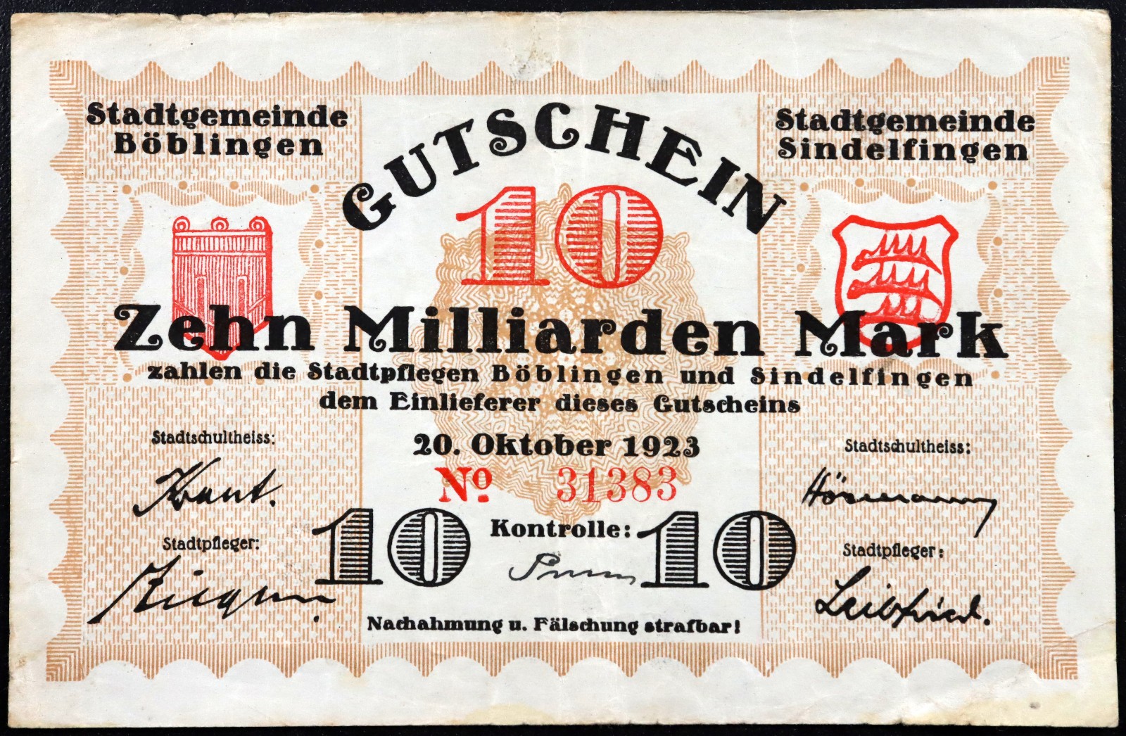 BÖBLINGEN and SINDELFINGEN 1923 10 Milliarden = 10 Billion Mark Notgeld