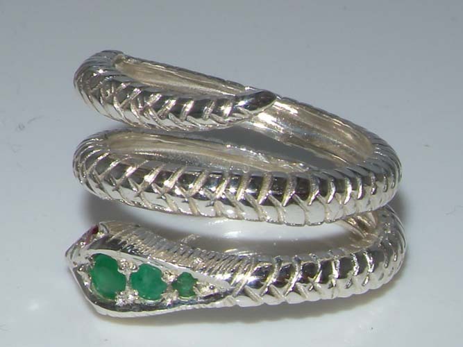Fabulous Solid 925 Sterling Silver Natural Emerald & Ruby Detailed Snake Ring