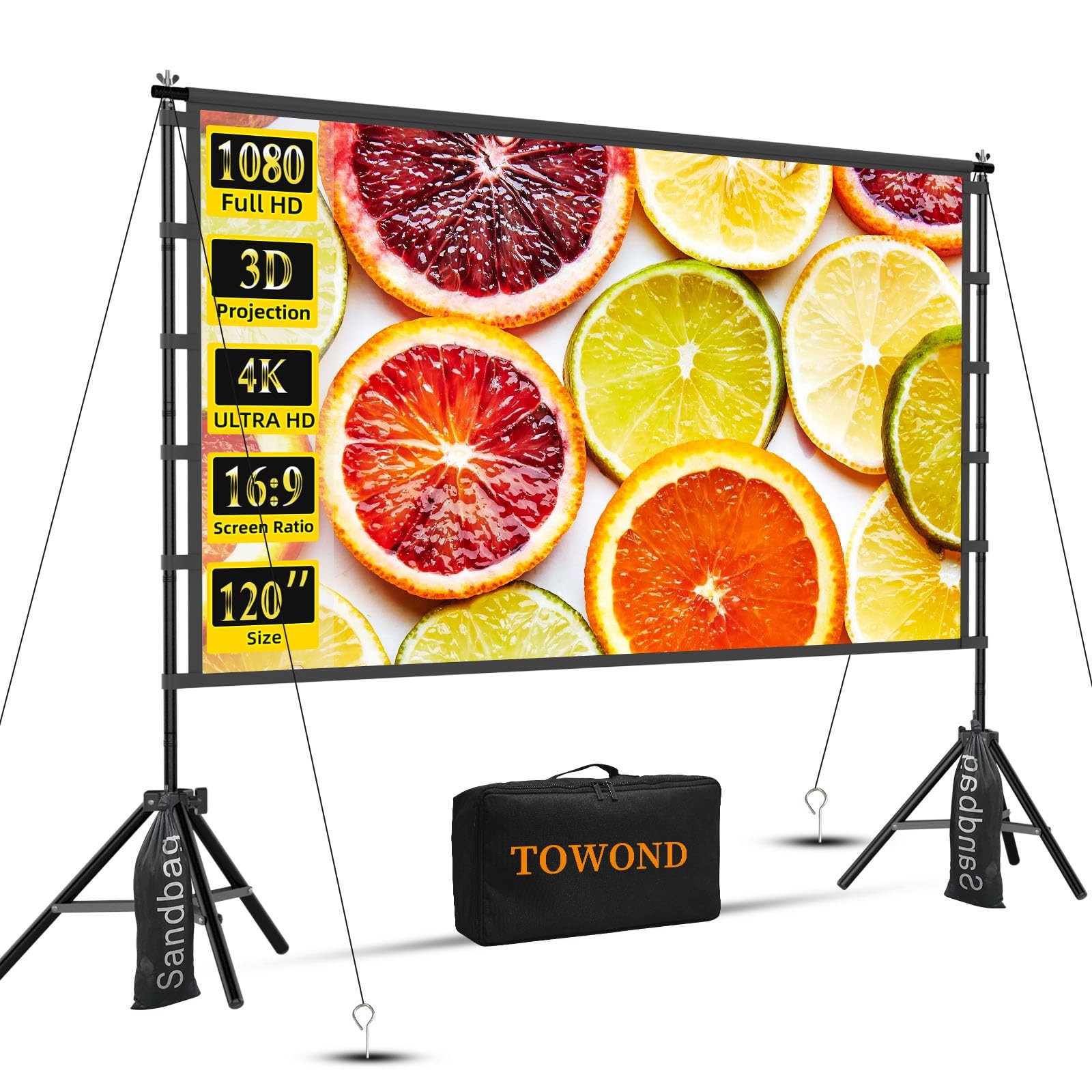 Outdoor Projector Screen with Stand, 120 inch Portable Movie Screen, 16:9 HD ...