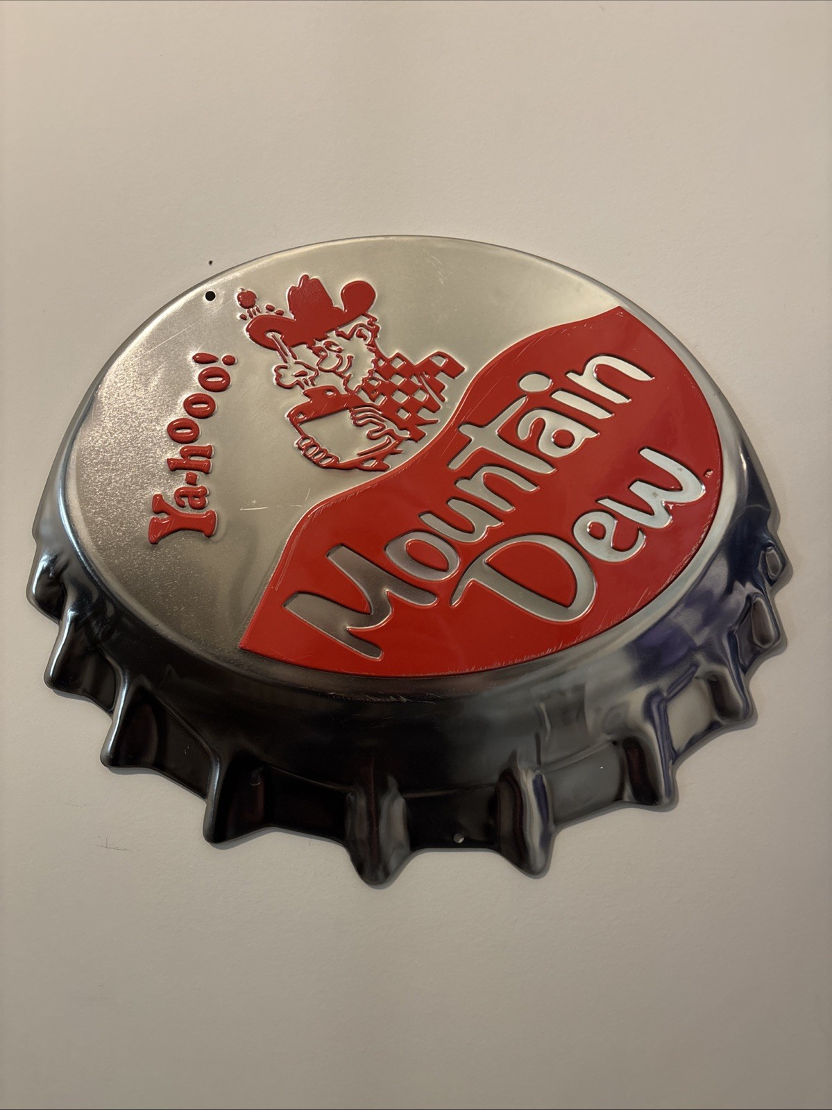 Mountain Dew - Yah-Hooo! Hanging Bottle Cap Sign. Retro, Collectable. 18” X 16”