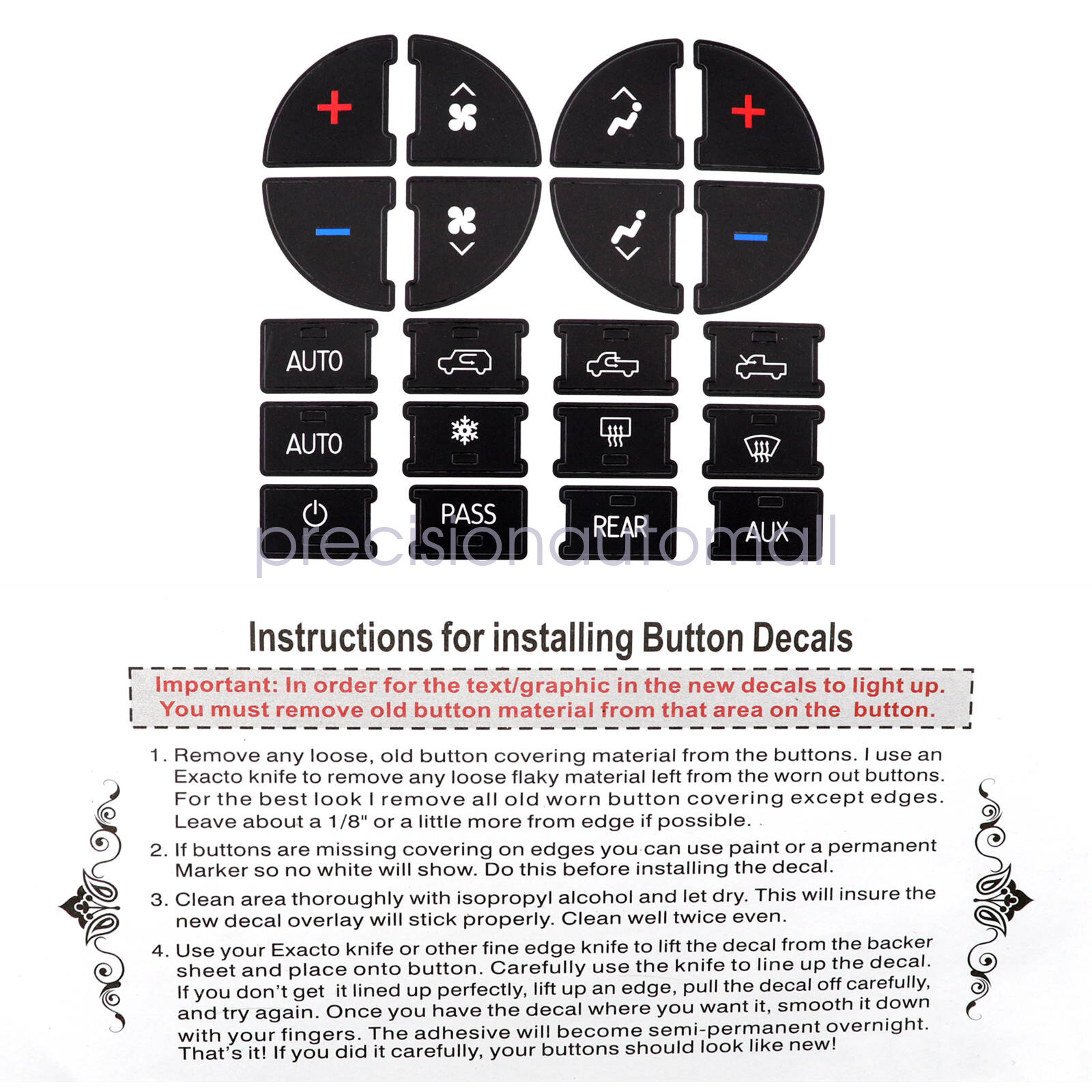 AC Dash Button Repair Kit Decal Stickers Replacement for 2008-2012 Buick Enclave