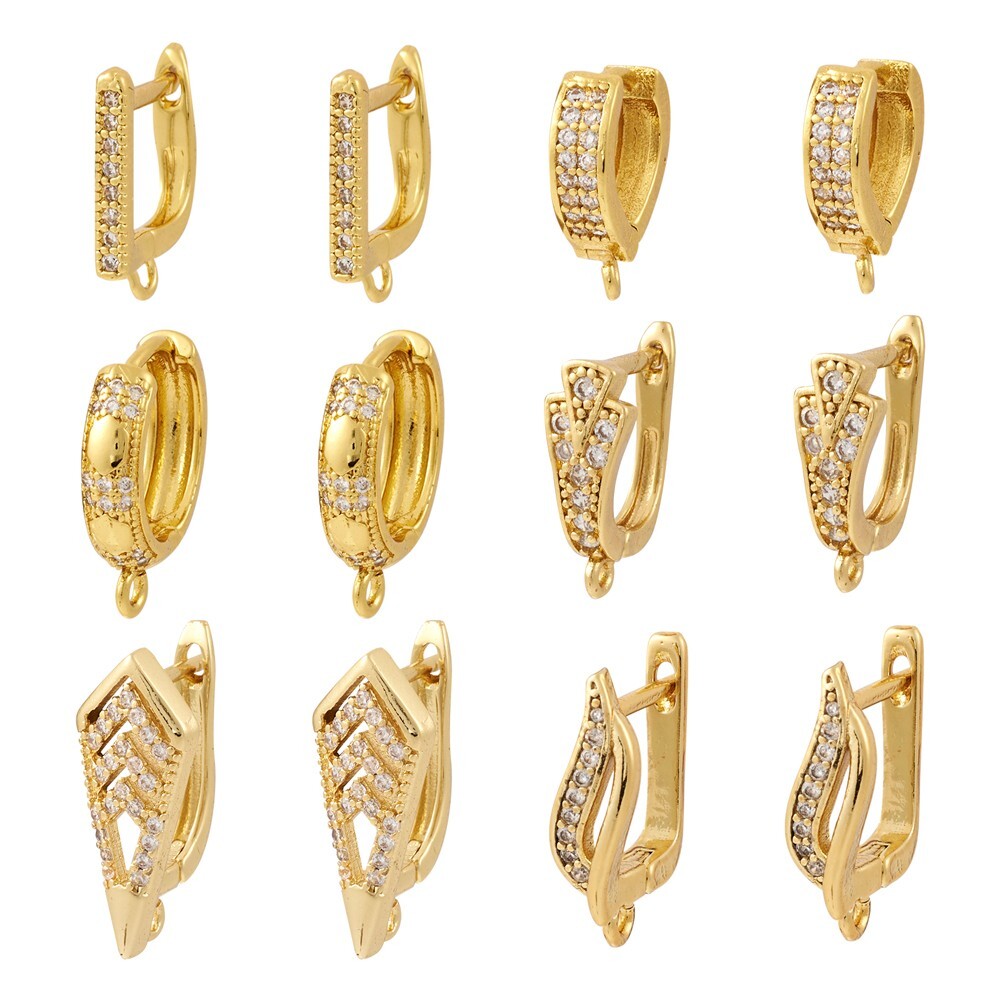 12Pcs Brass Latch Back Closure Micro Pave Cubic Zirconia Hoop Earring Findings