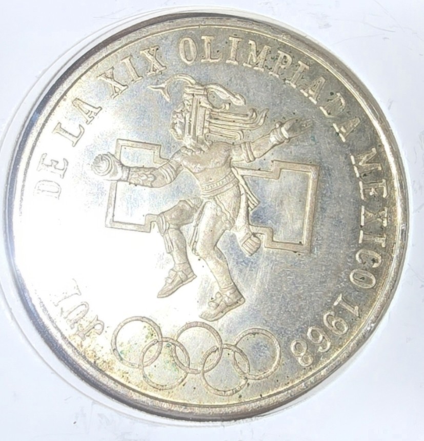 Mexico 1968 25 Pesos .720 Silver Olympic Coin  UNC..  "TONING"