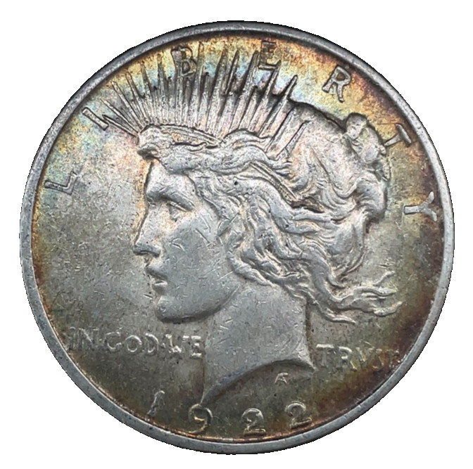 1922 D Peace Dollar Rainbow Toned AU- Almost Unc. 90% Silver $1 US Coin # 123