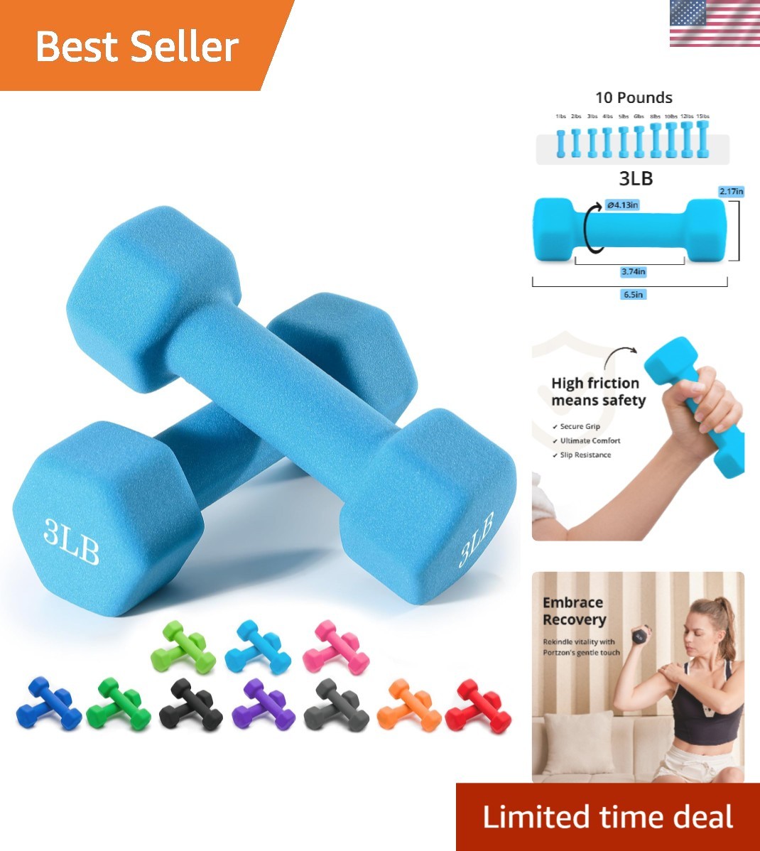 Elegant 2-Piece Neoprene Dumbbell Set - 10 Color Options, 1-15 LB, Anti-Slip