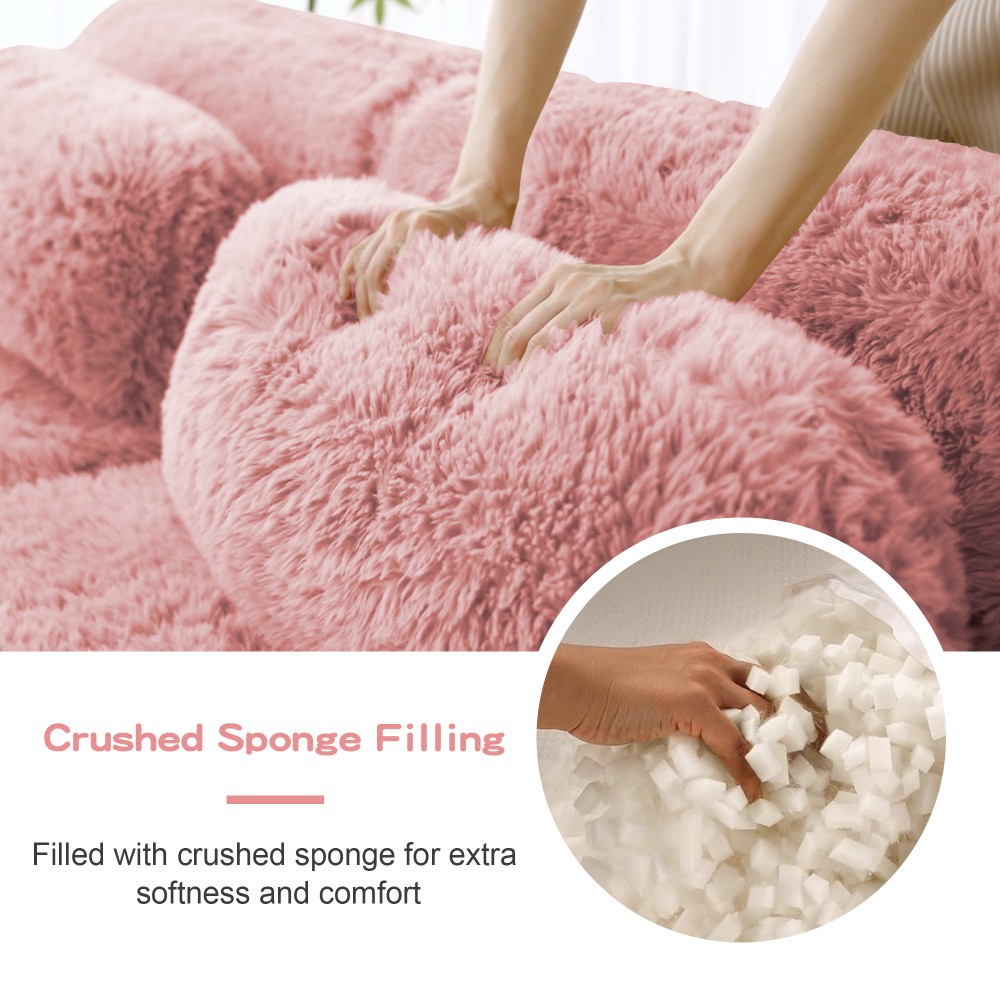 2-seater Sectional Couches Soft Fluffy Plush Fabric Bottom Anti-Slip Design Pink
