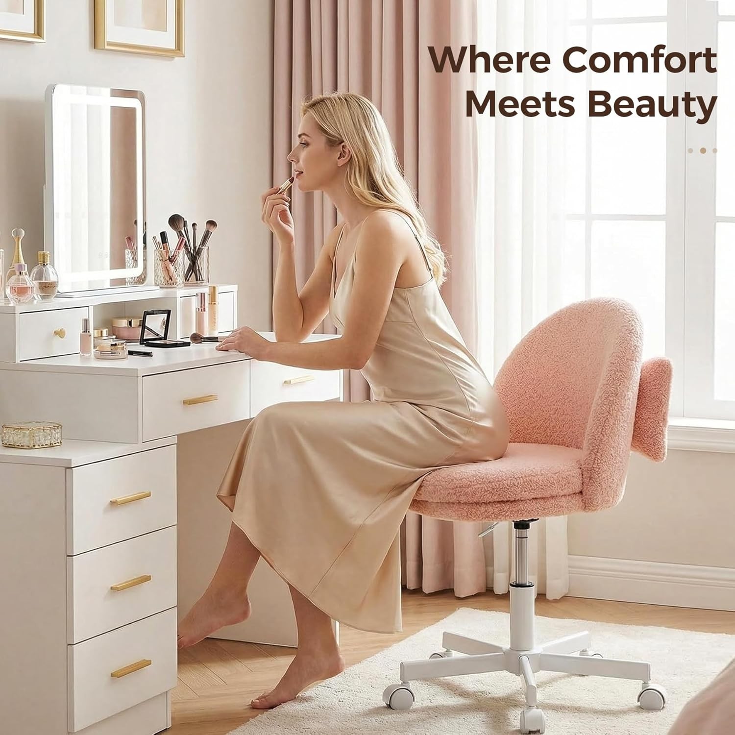 Vanity Chair W/ Back Adjustable Tall Office Chair High Swivel Bar Stools Fluffy