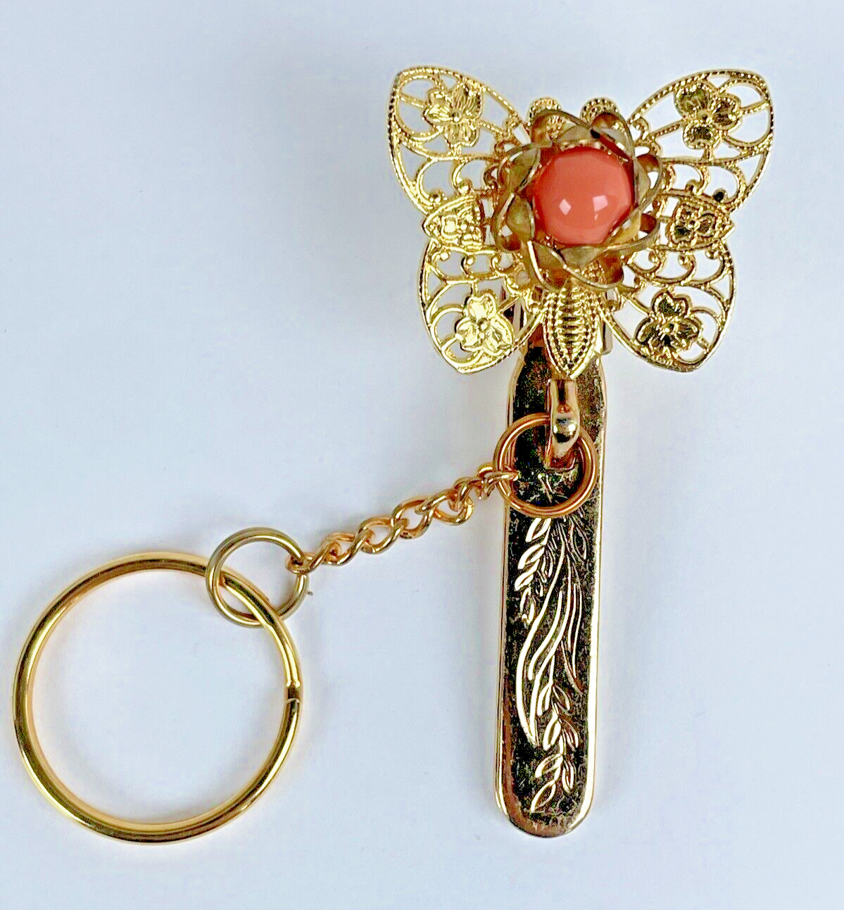 Vintage Kings Key Finder Los Angeles Key Ring Clip Coral Gold Tone Butterfly 2.5