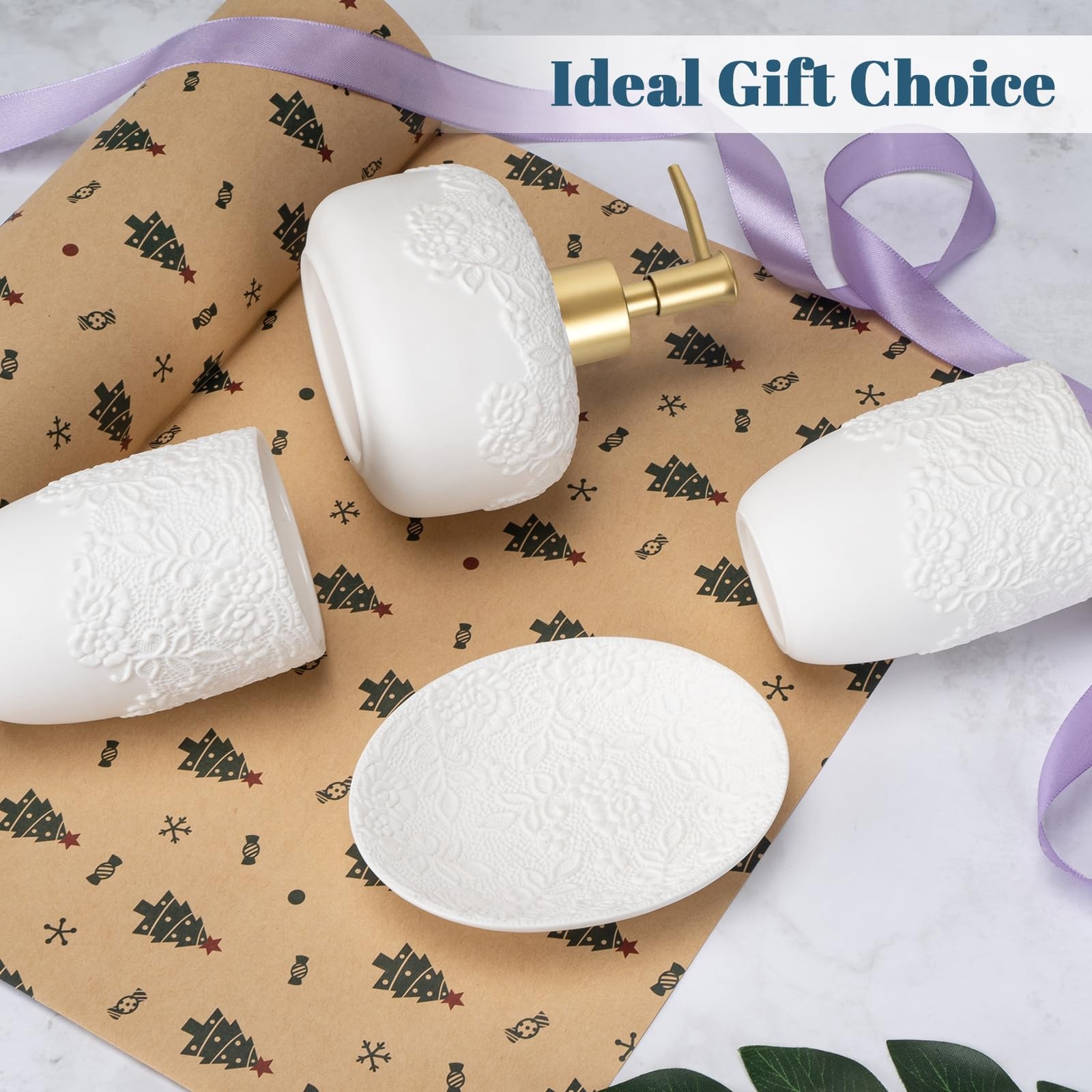 Bathroom Set, 4pcs Ceramic with Embossed Design Look Sets Bathroom Soap Dispe...
