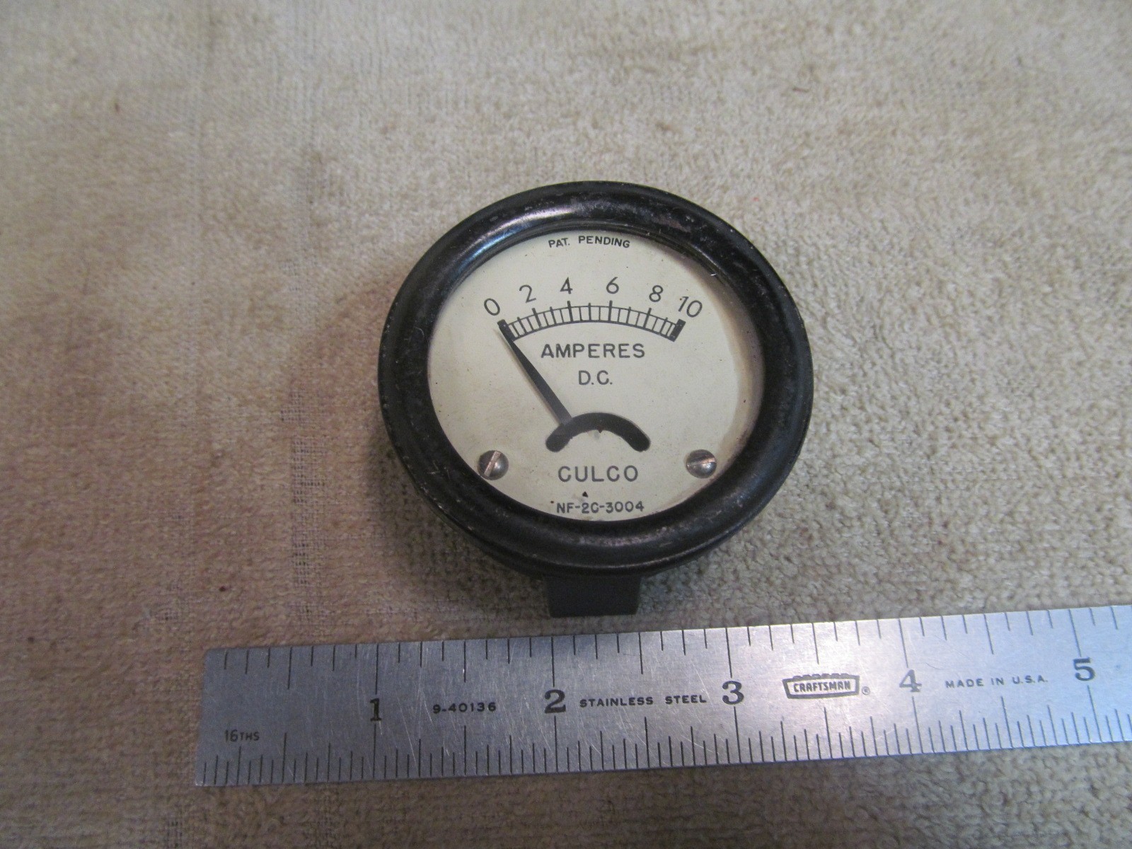 VINTAGE CULCO PANEL AMPERES GAUGE, 0-10 AMPS, 2 INCH DIAMETER CASE, USA MADE.