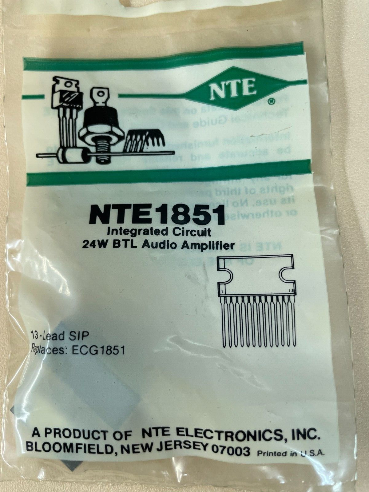 NTE1851 INTEGRATED CIRCUIT 23W BTL AUDIO AMPLIFIER 15 LEAD SIP