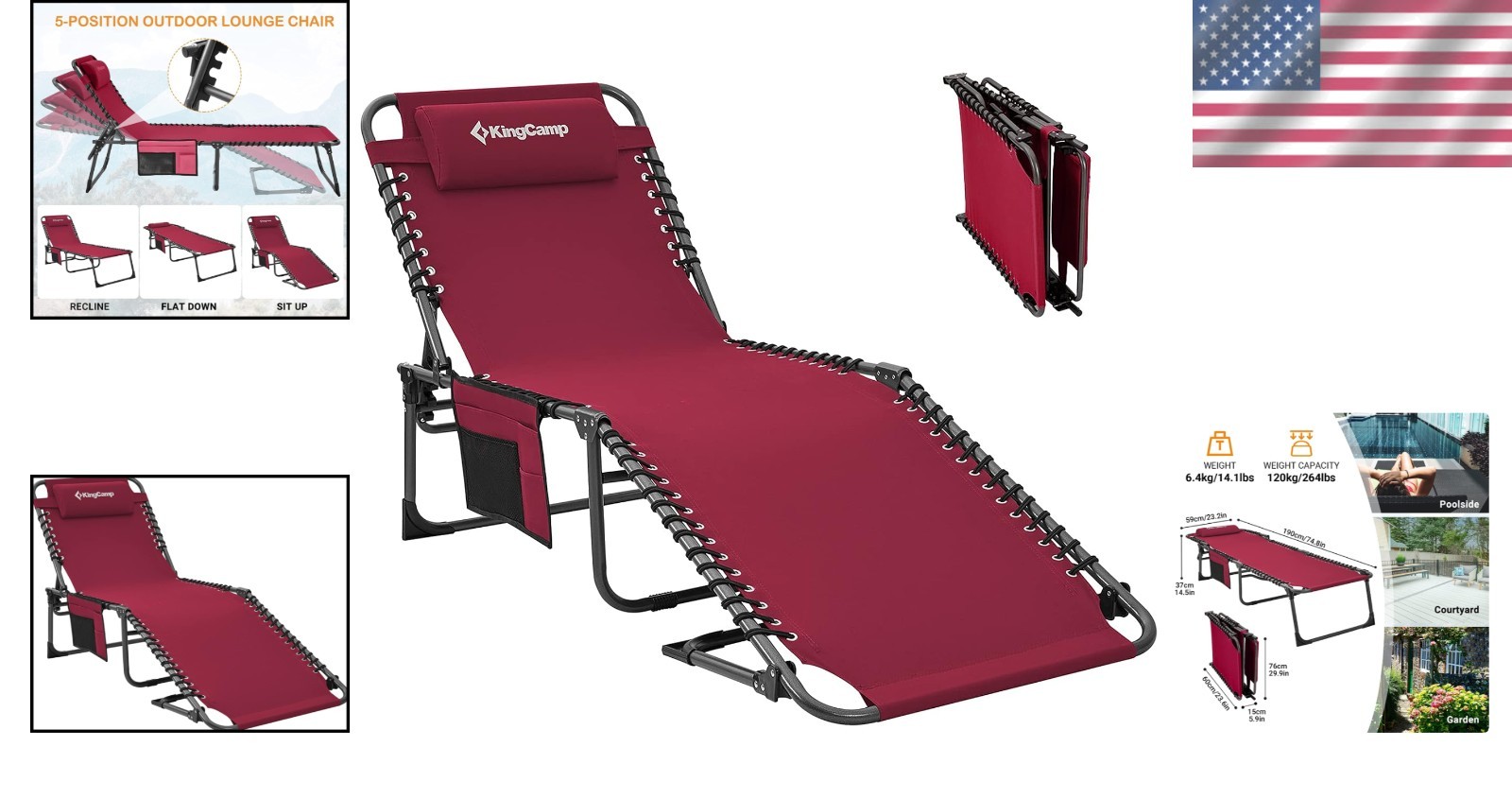 Outdoor Tanning Chair, Portable 5-Position Lounger, Wine