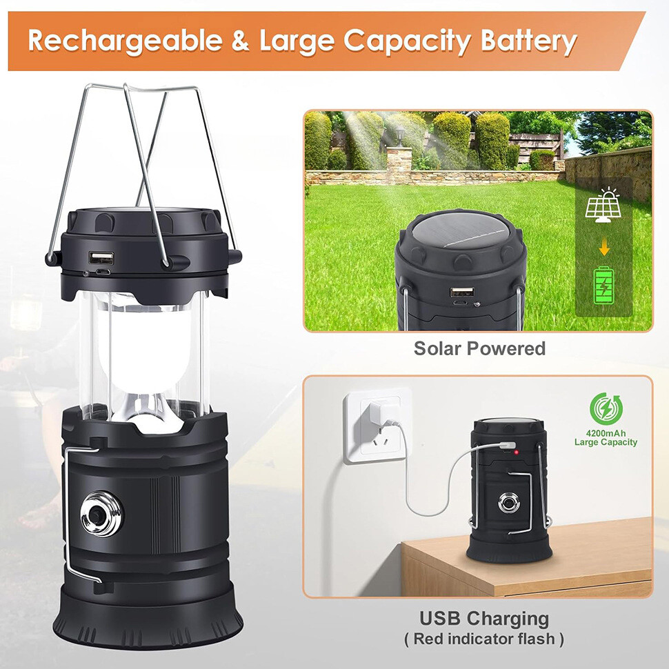 USB Solar Portable LED Flashlight Rechargeable Camping Tent Light Lantern Lamp
