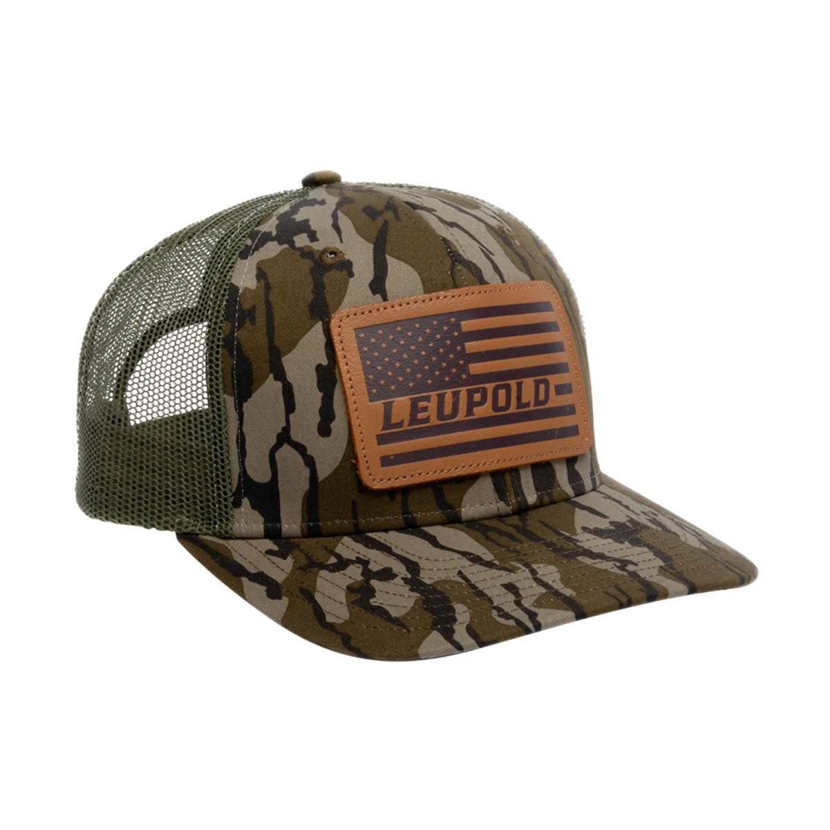 LEUPOLD Unisex Leather Flag Bottomland Camo/Green Snap-Back Trucker Hat (172600)