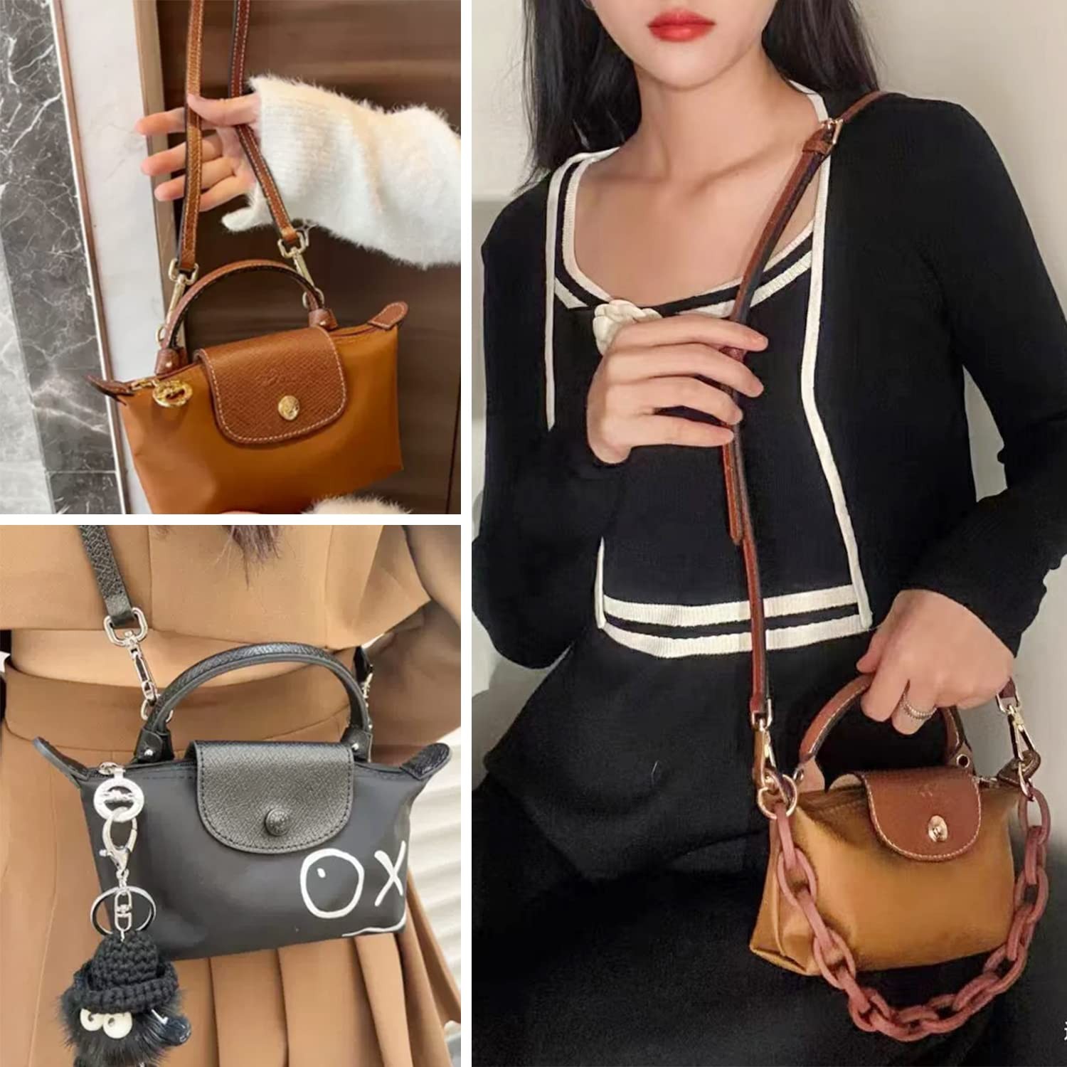 Bag Shoulder Strap with Longchamp Mini Pouch,Genuine Leather Adjustable Strap...
