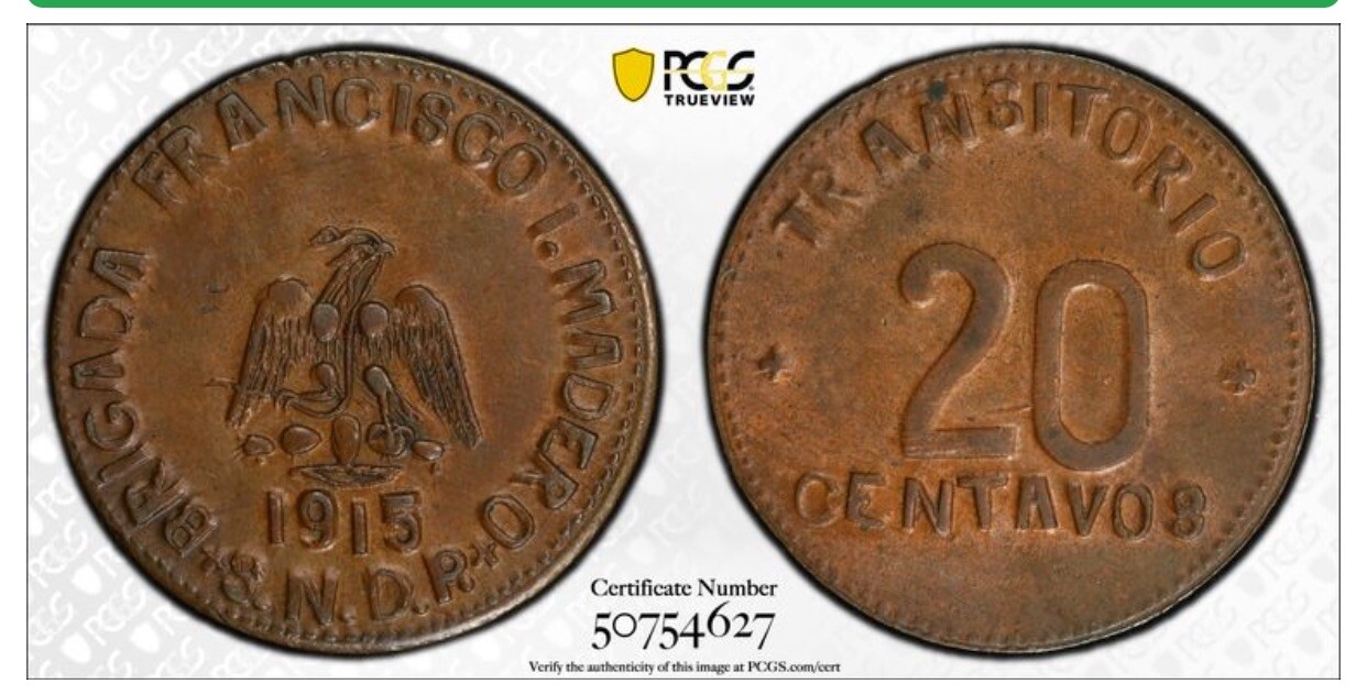 1915 MEXICO PUEBLA 20 CENTAVOS KM-757 ROSETTES PCGS MS62BN