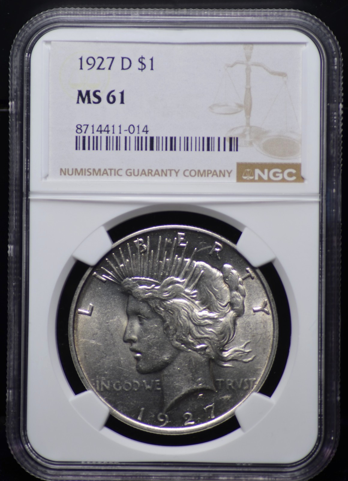 1927 D PEACE DOLLAR NGC MS 61 UNCTUOUS SILVER SATIN LUSTER, STRONG STRIKE, MARKS