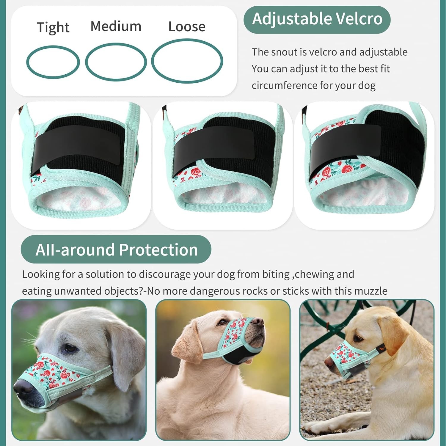 P-Cyan Flower Adjustable Dog Muzzle - Anti Biting, Breathable Mesh for Size M