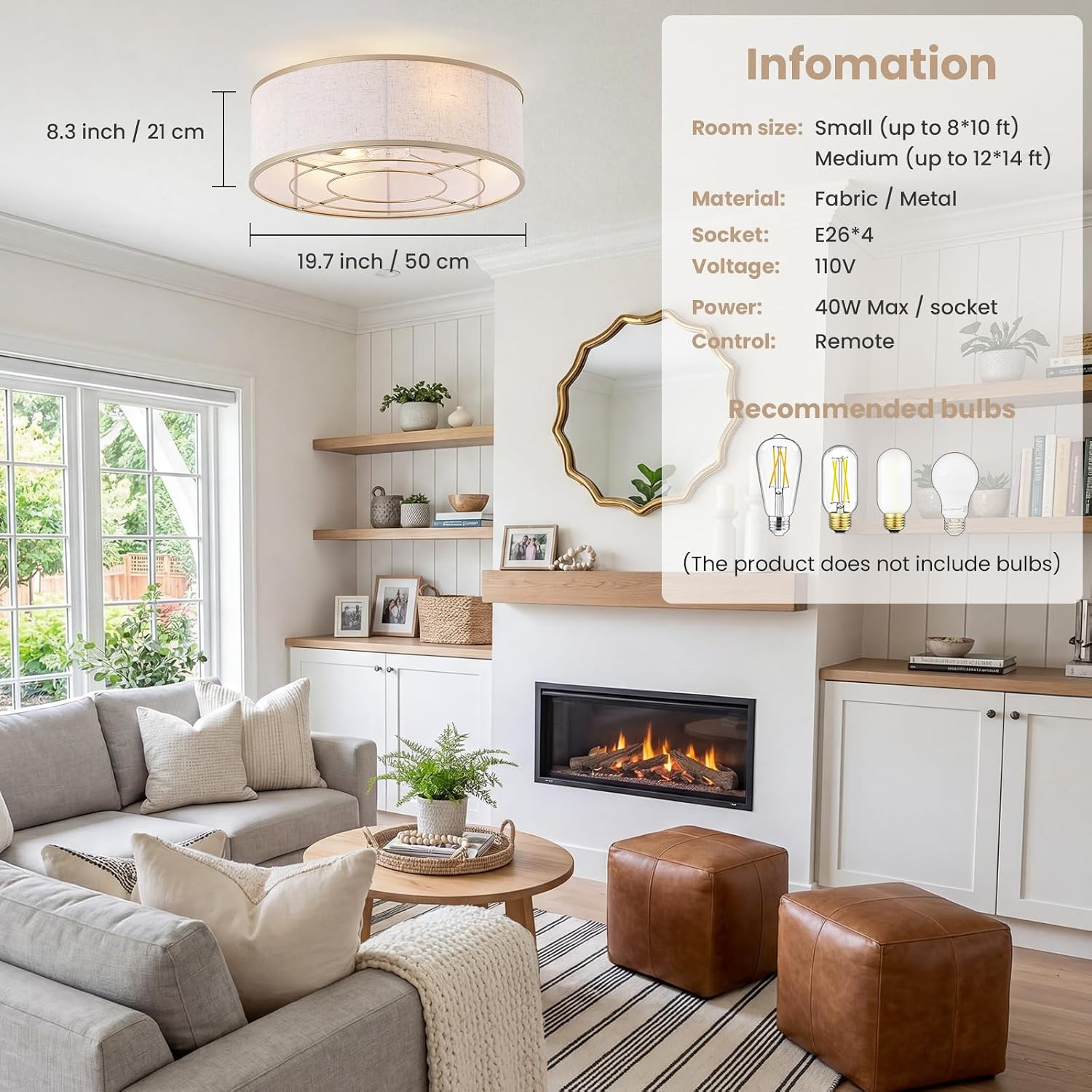 20 Inch Boho Ceiling Fan with Light, Low Profile Flush Mount Caged Ceiling Fan,