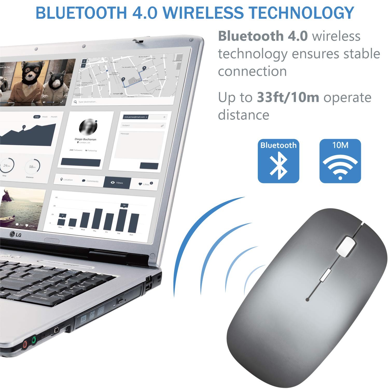 Bluetooth Wireless Mouse for MacBook Air Mac Pro Laptop 4.7*2.7*1.3inch, Grey