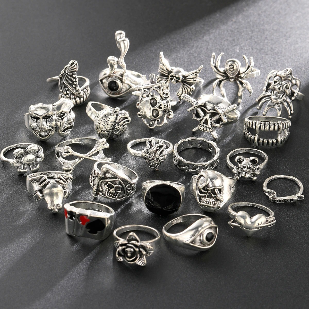 24pcs Gothic Skeleton Ring Set Punk Grunge Unisex Street Jewelry Gift - NEW