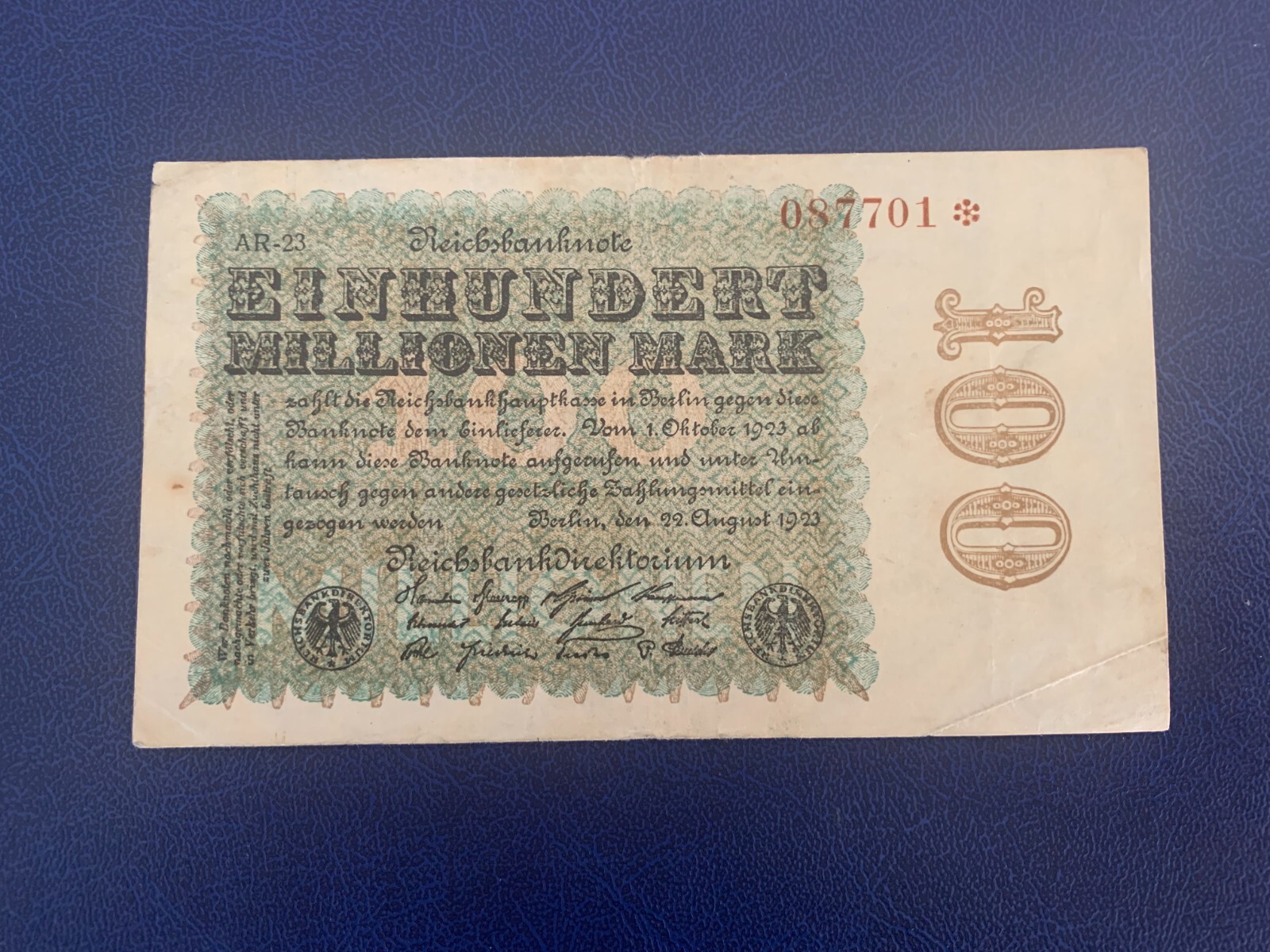 1923 GERMAN 100 MILLION MARK BANKNOTE-VERY GOOD