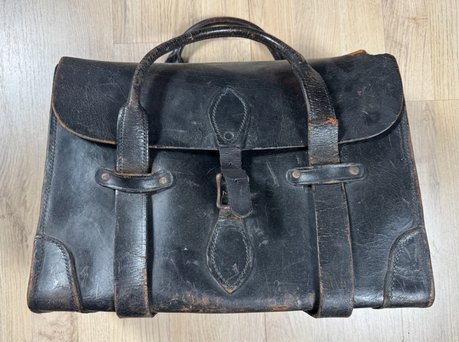 Vintage Antique Military Style Black Leather Briefcase Satchel Carrying Bag