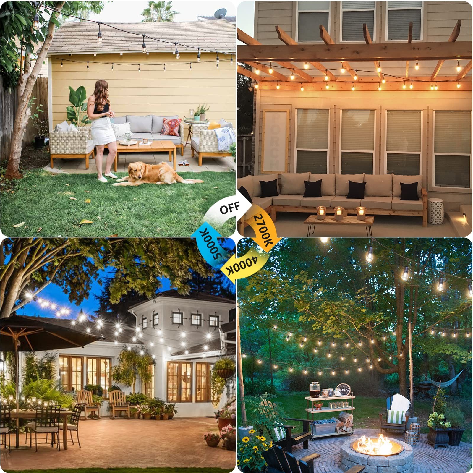 3 Color Outdoor LED Dimmable String Lights for Patio with Remote, Plug in 48FT