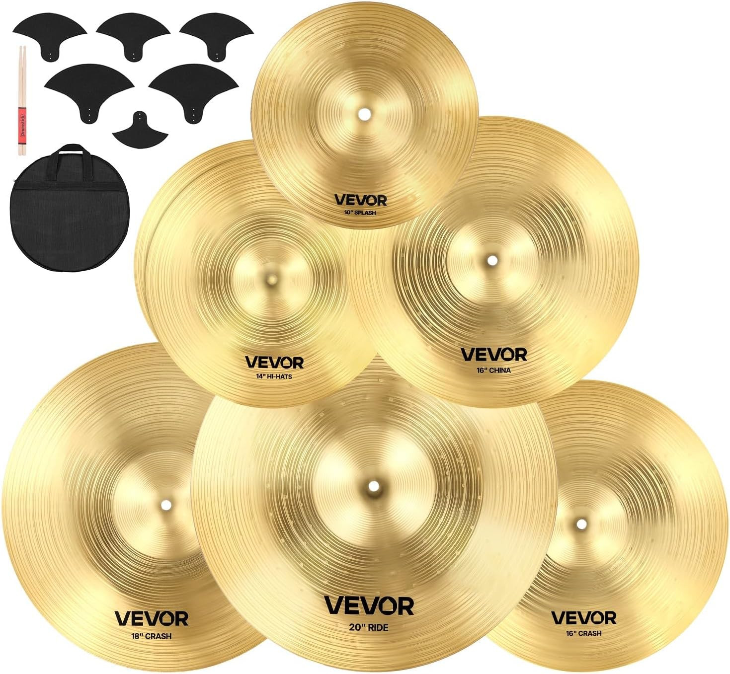 7 Piece Drum Cymbal Pack Hi Hats Crash Ride Splash China with Bag