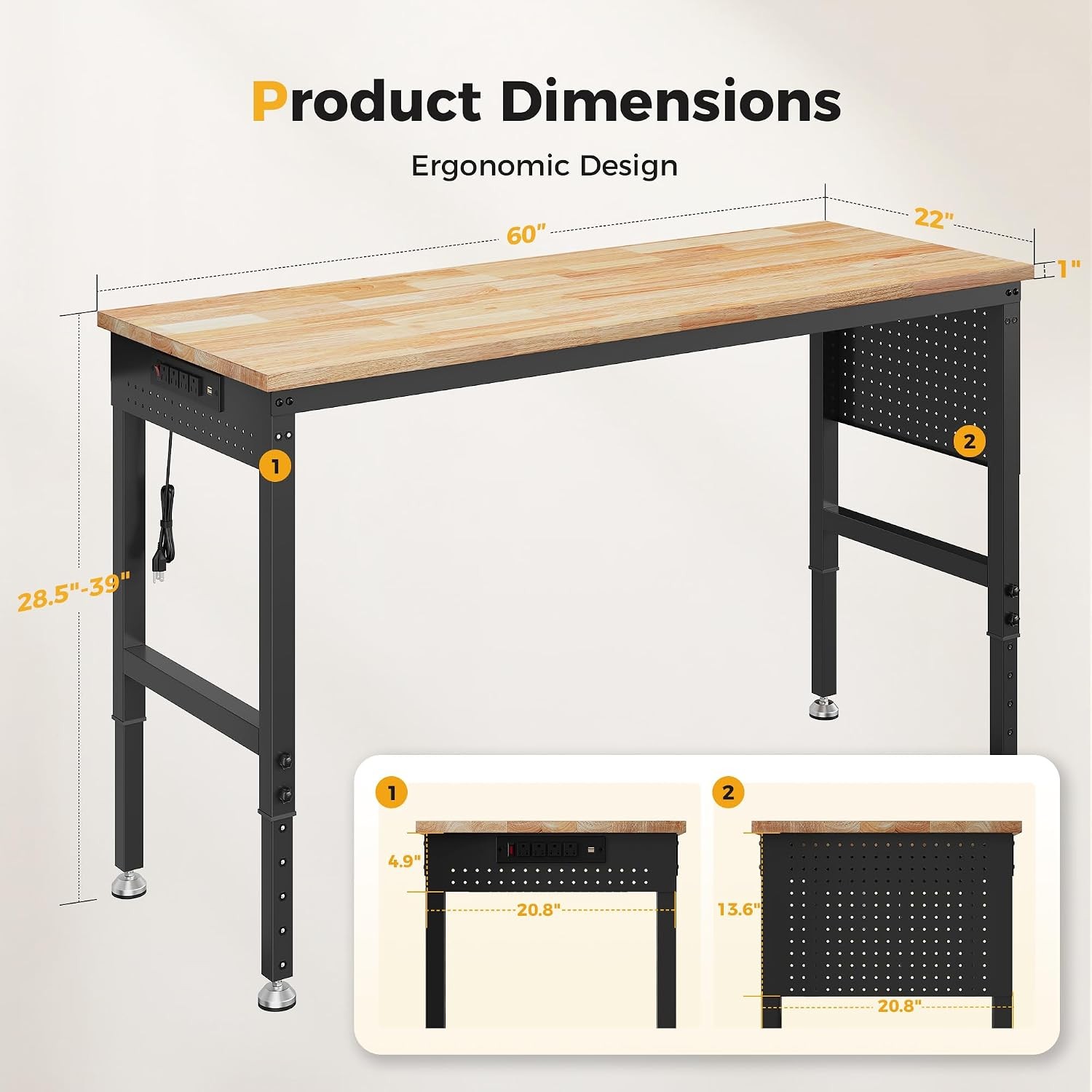 60" Adjustable Heavy Duty Workbench, 2000 LBS Load Capacity Rubber Wood