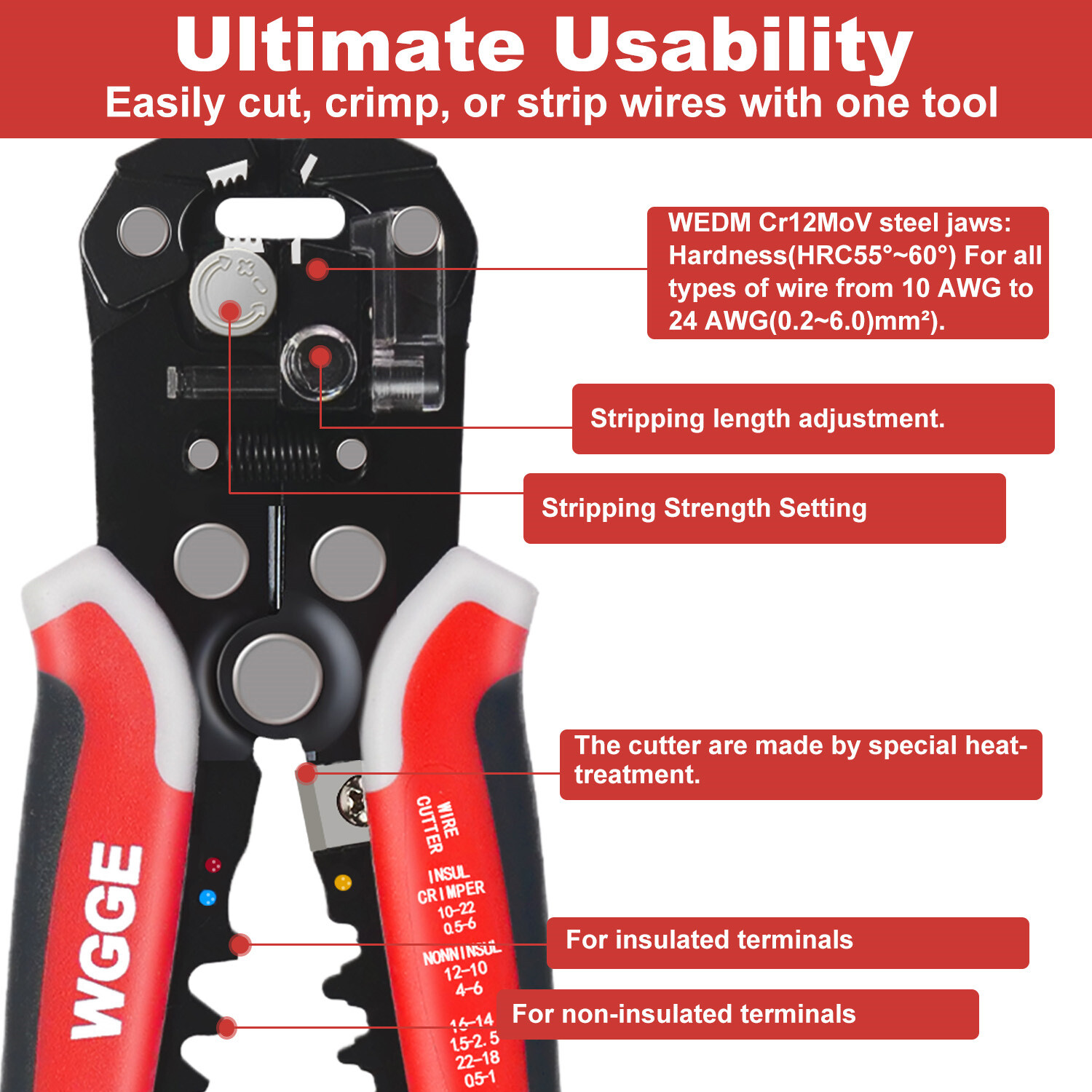 WGGE 014 Self-Adjusting Insulation Wire Stripper/cutter/crimper tool 8"