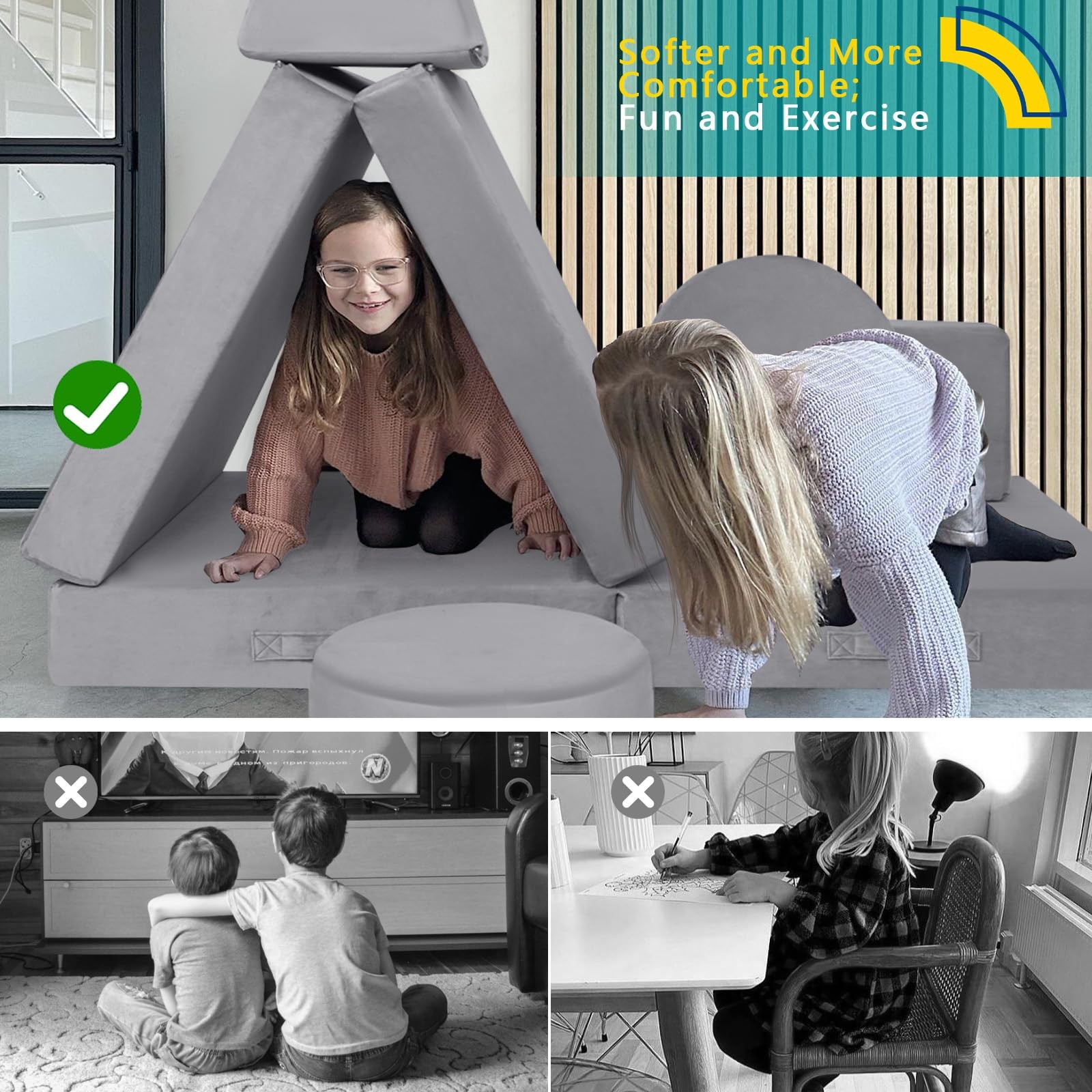Modular Play Couch, 8-Piece Convertible Couch Set in Grey, Foam Fort Builder ...
