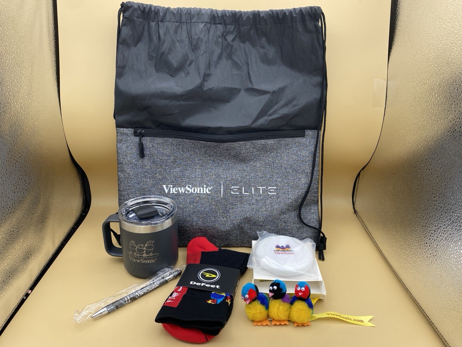 Viewsonic Promo Merchandise Lot YETI Socks Pen Charger Bag Handmade Logo Birds