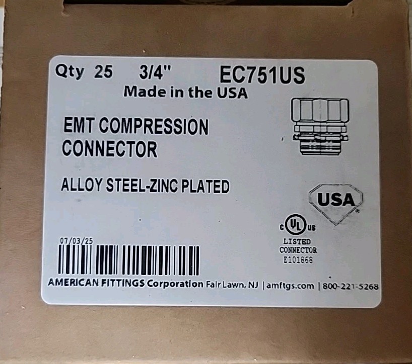 American Fittings EC751US 3/4" Steel Compression EMT Conduit Connector Box of 25