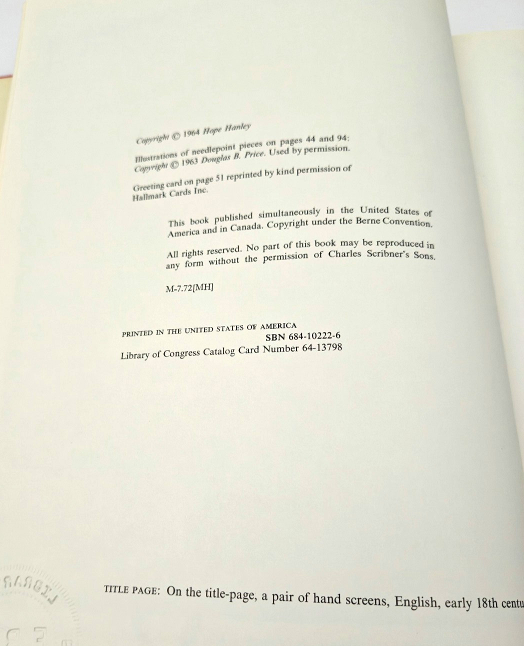 1964 BOOK- NEEDLEPOINT BY HOPE HANLEY- ILLUSTRATED-