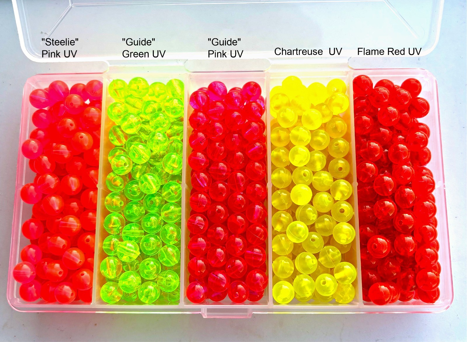 Over 500 pcs Variety Pack 8mm UV round beads in 5 compartment plastic box