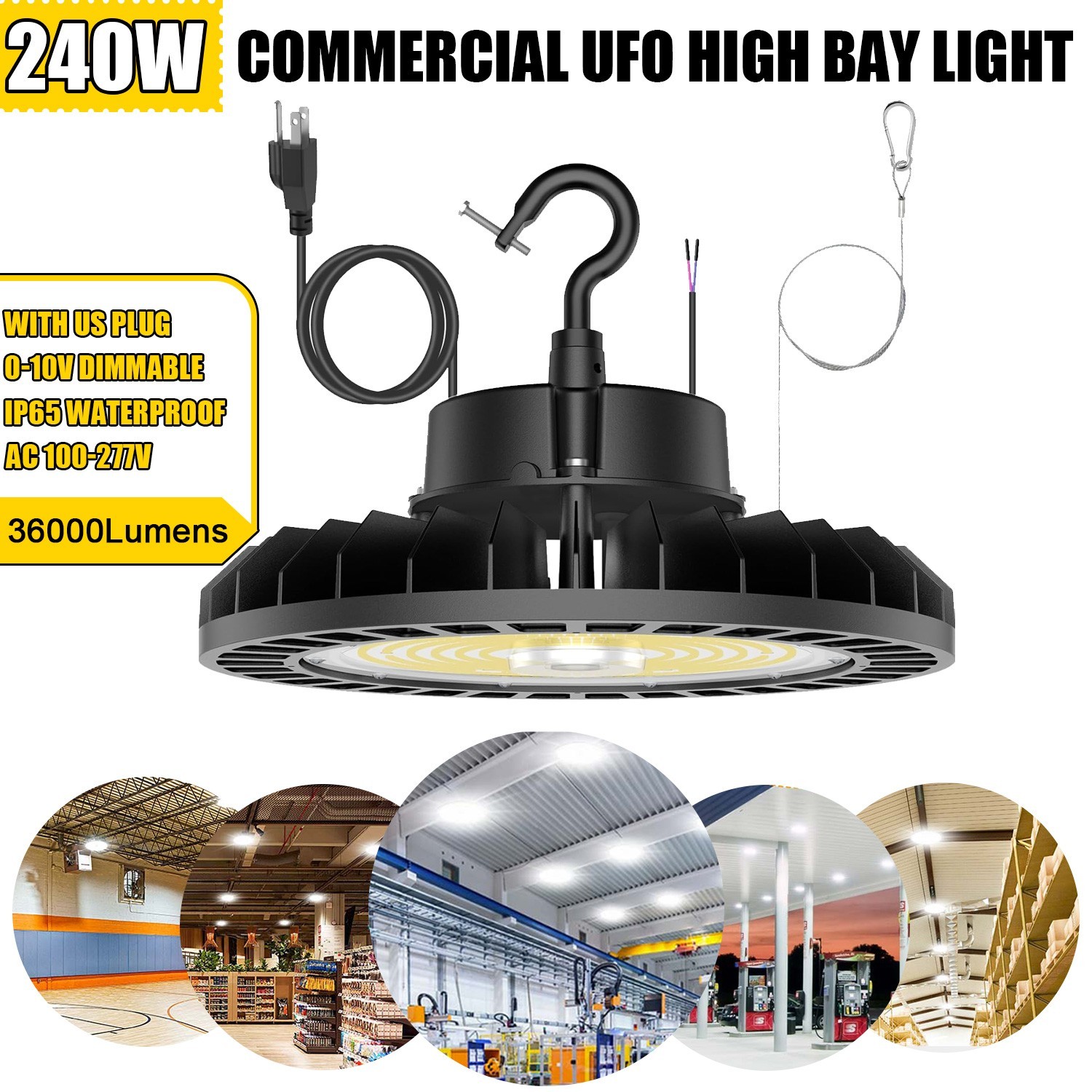 LED High Bay Light 240W with US Plug Industrial Warehouse Area Lighting Fixture