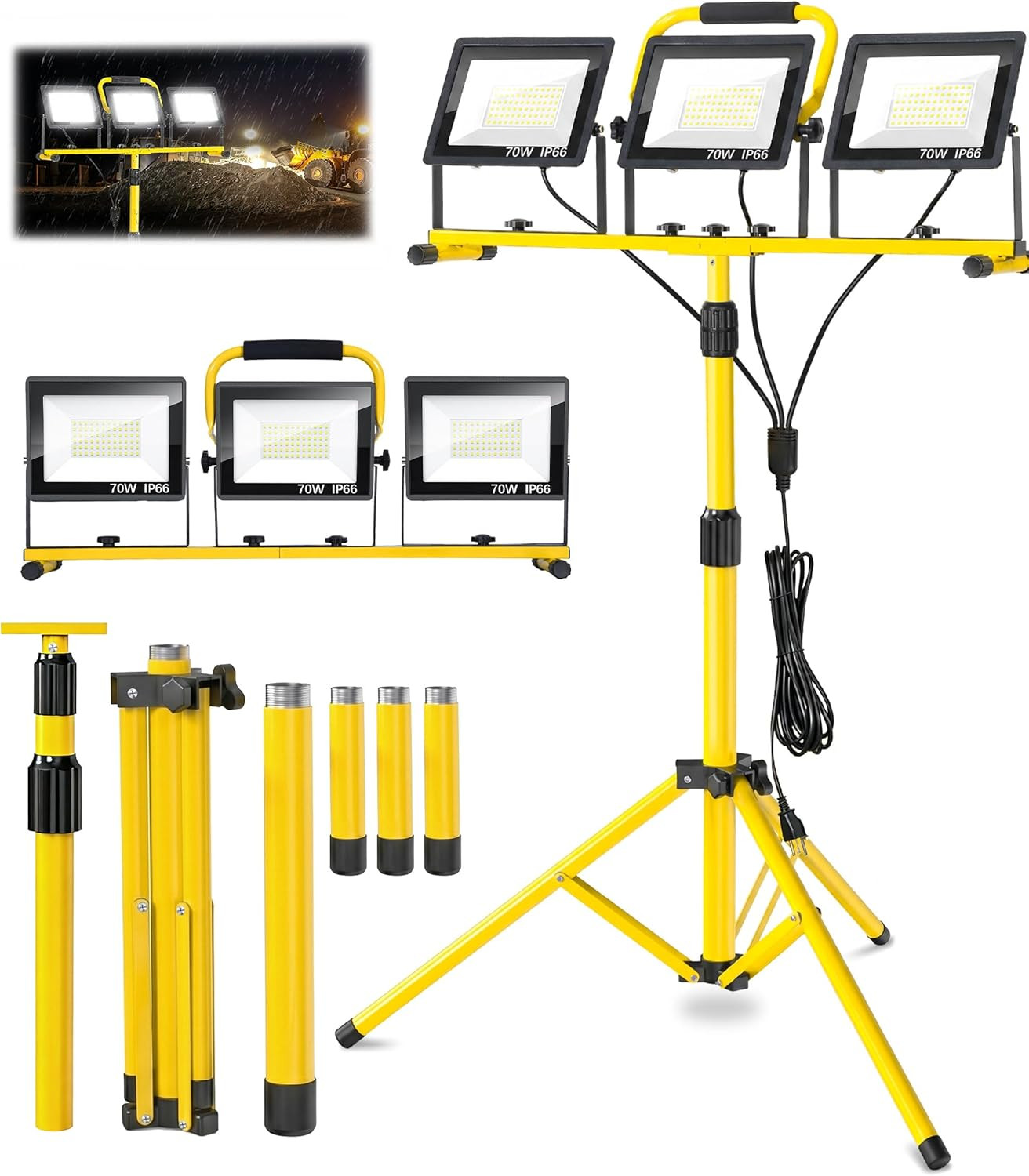 21000 LM LED Work Light with Stand, 3-Head Adjustable Portable Tripod Light with