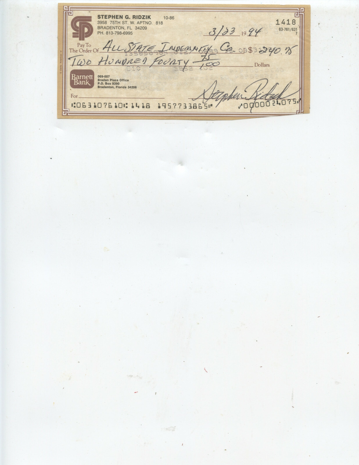 DECEASED PHILLIES, REDS, GIANTS, SENATORS PITCHER "STEVE RIDZIK" SIGNED CHECK