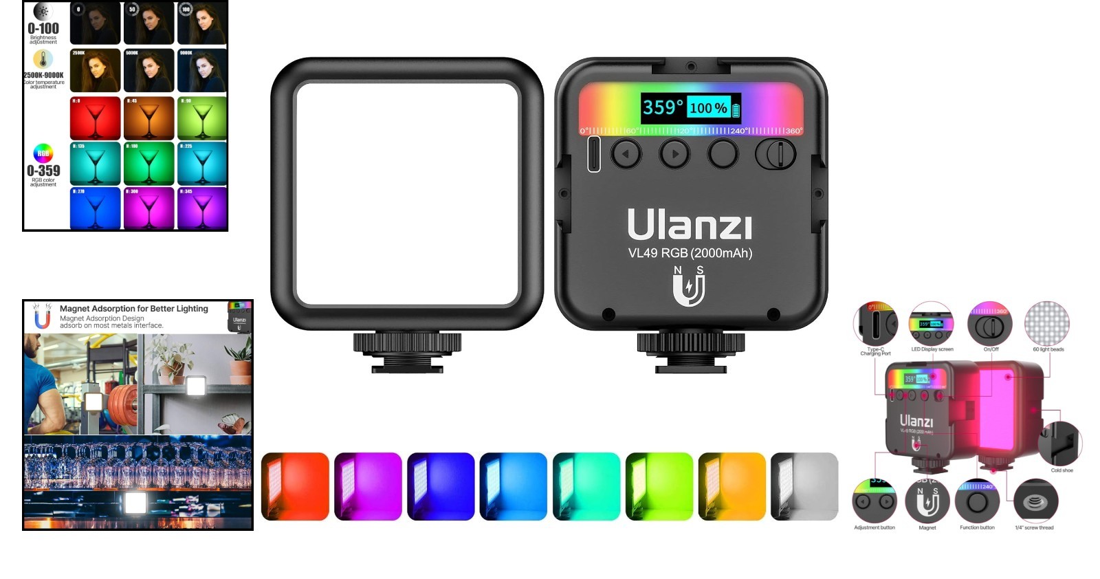 Portable VL49 LED Camera Light, 2000mAh Rechargeable with Magnetic Attraction