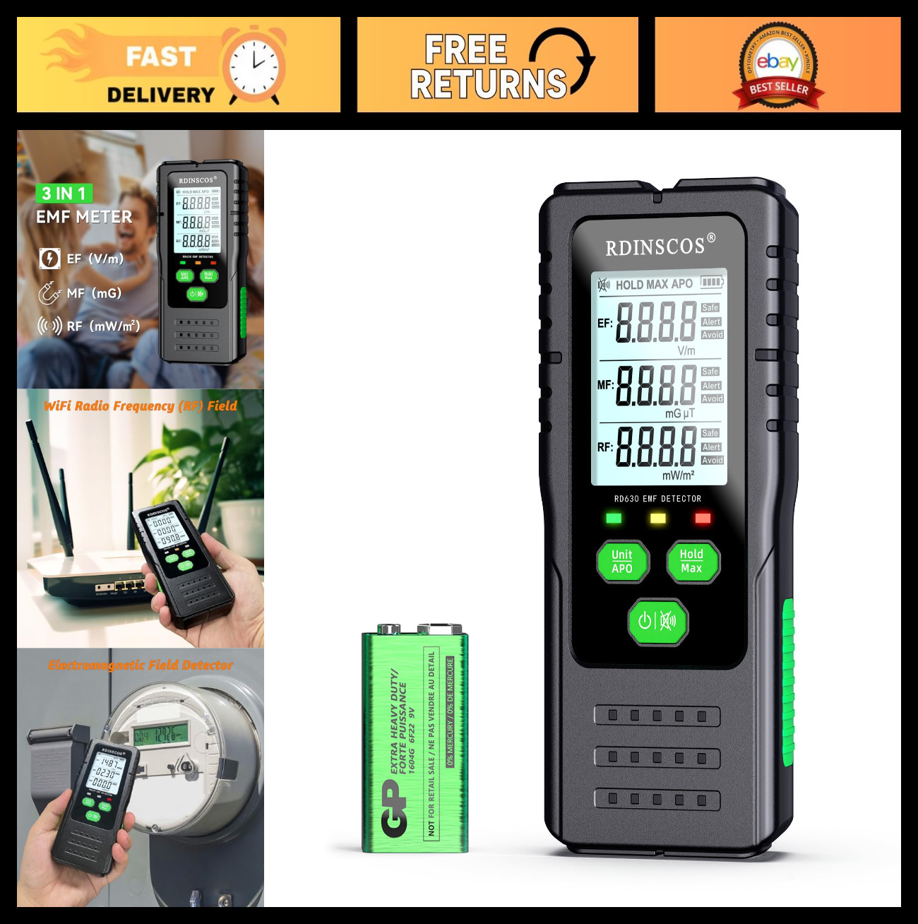 EMF Radiation Detector - 3-in-1 Electromagnetic Field Meter for Home & Office