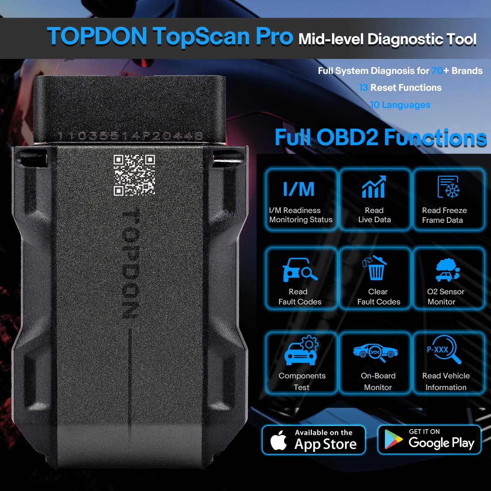 TOPDON TopScan PRO Mid-level Diagnostic Tool Injector Coding Tire Pressure Reset