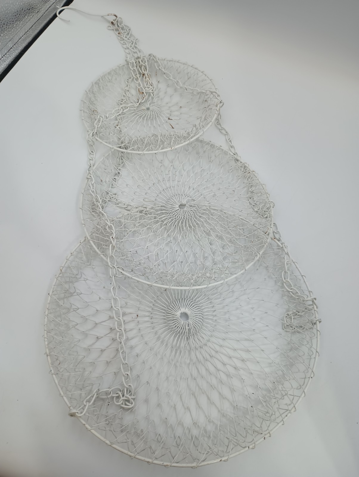 Vintage 3 Tier Wire Hanging Fruit Or Planter Basket white Metal Collapsible -