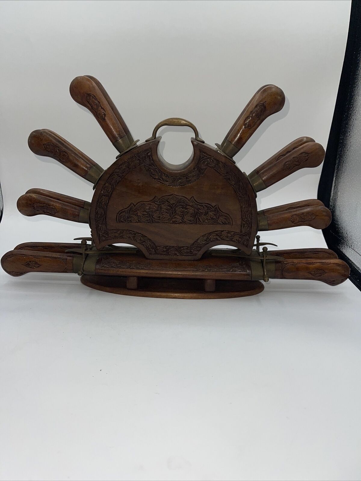 Hand-Carved Stainless Steel Cutlery Set With Wooden Knife Block RARE