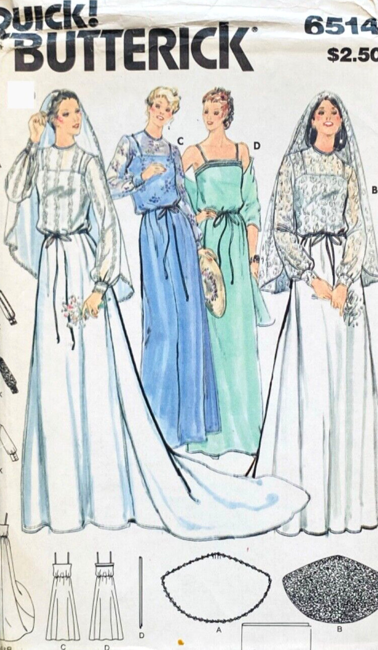 1970s BUTTERICK 6514 BRIDAL GOWN VEIL BRIDESMAID DRESS UC/FF