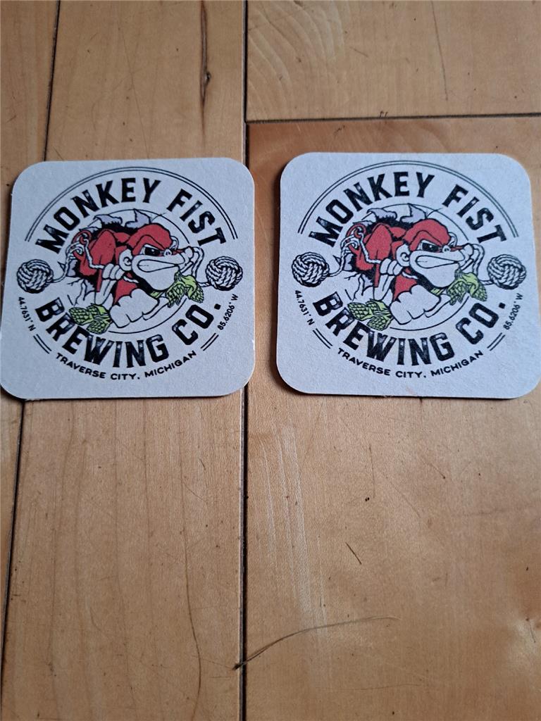 TWO VTG MONKEY FIST BREWING COMPANY CARDBOARD COASTERS STATE ST TRAVERSE CITY
