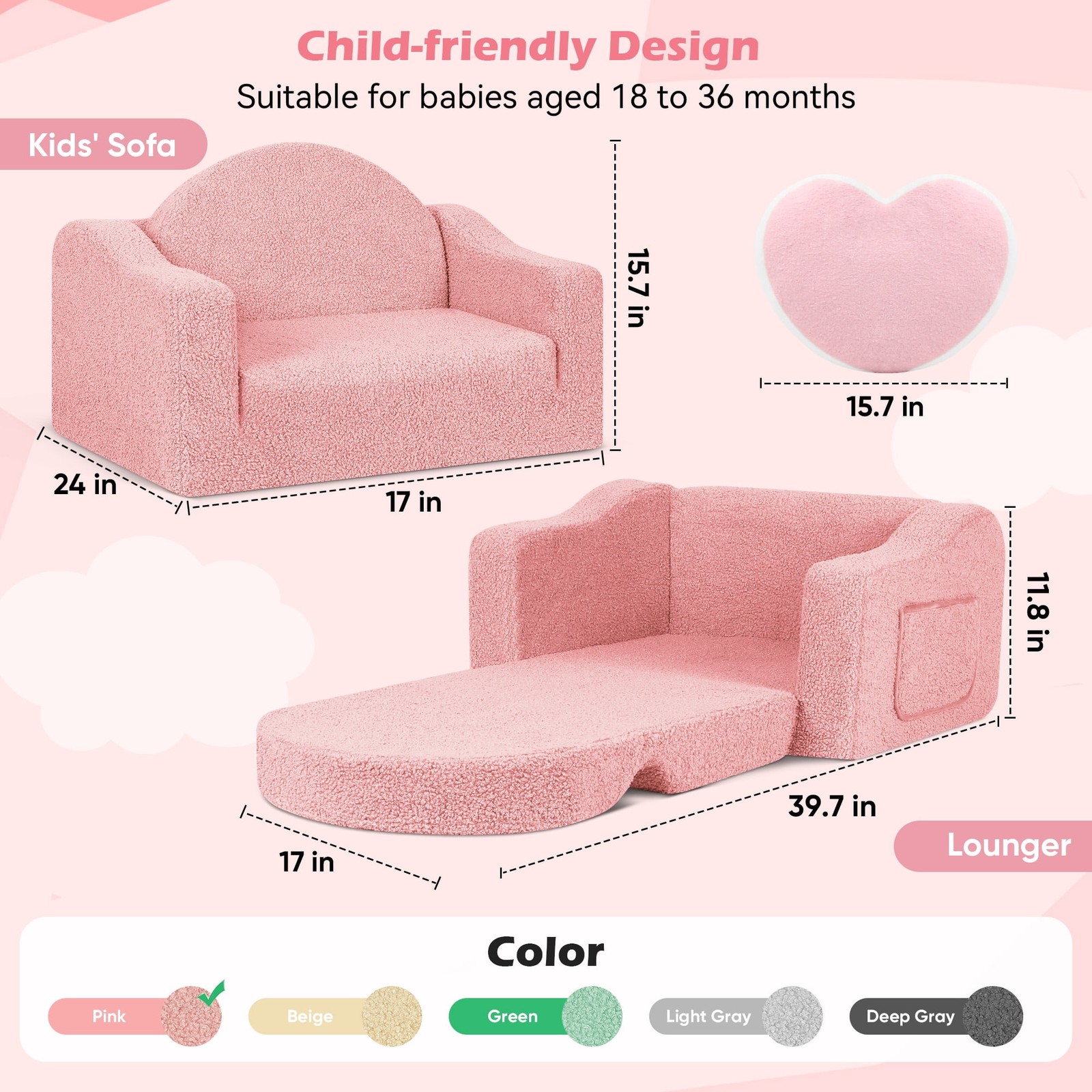 Kids 2-in-1 Toddler Couch Fold-Out Soft Convertible Chair Pink for Boys & Girls